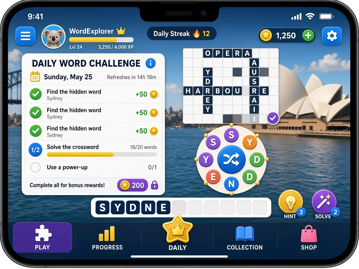 Daily challenge progress gameplay in World of Words: Word Game