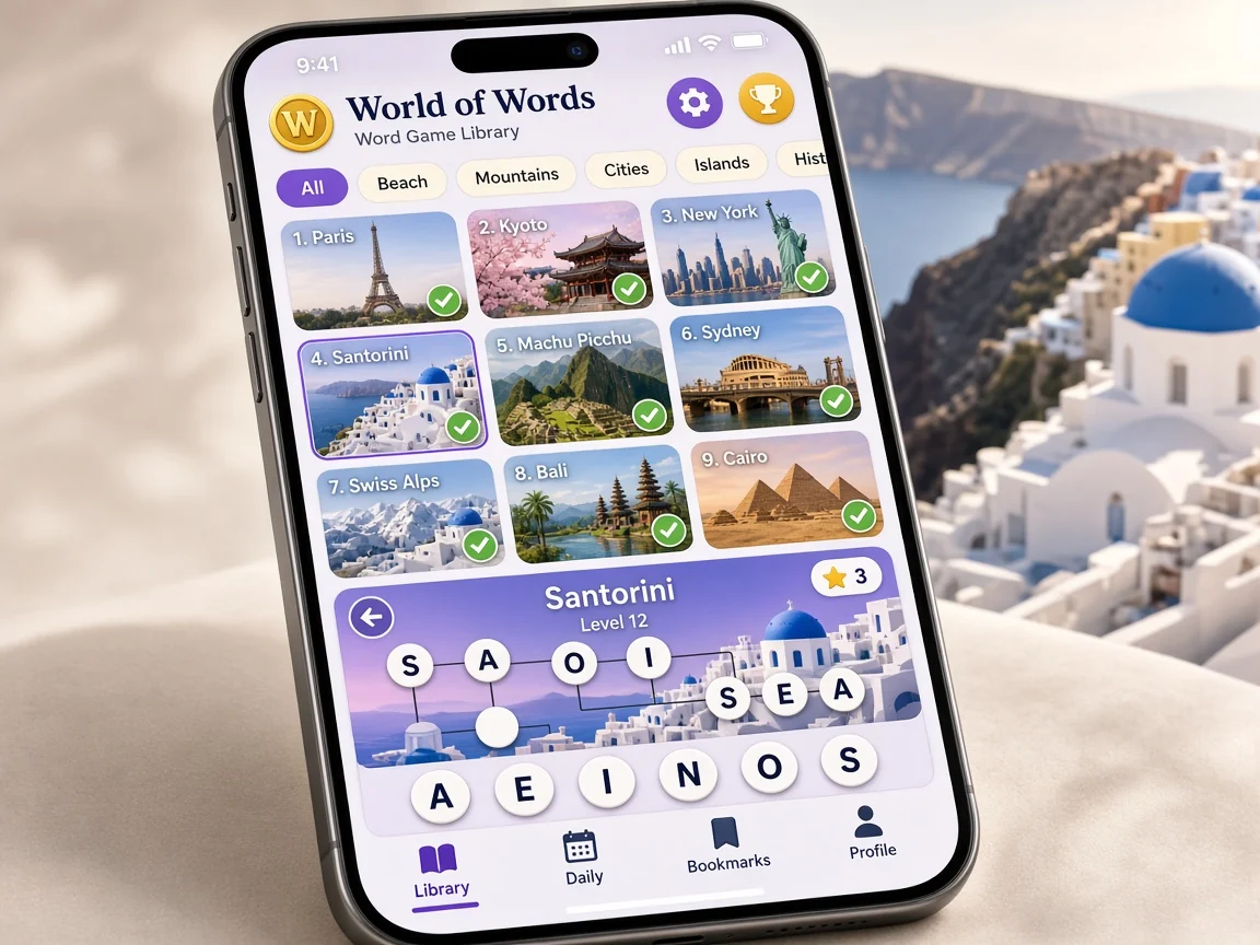 Puzzle library gameplay of World of Words: Word Game with completed travel boards