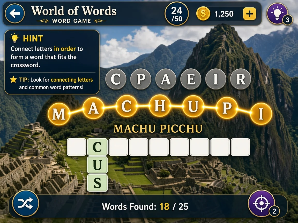 Hint and letter-connect gameplay in World of Words: Word Game