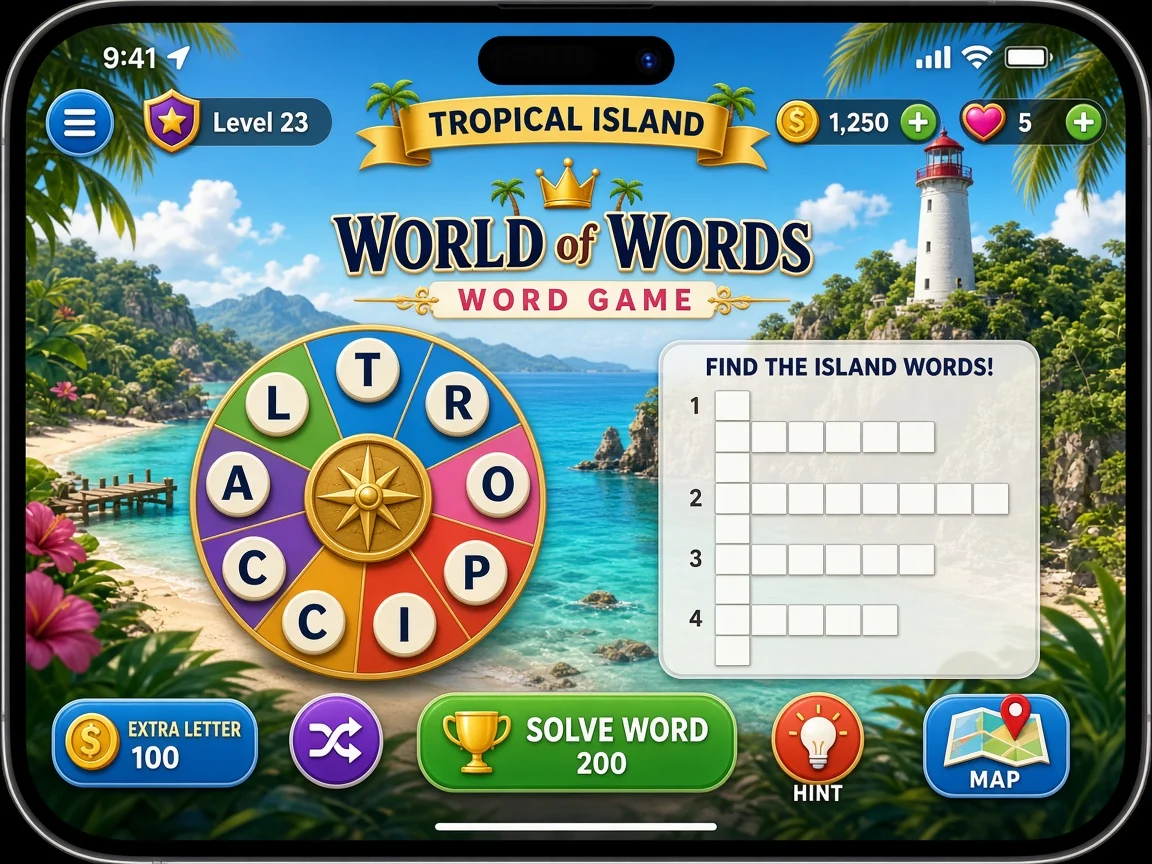 Opening-level gameplay of World of Words: Word Game on a tropical island board