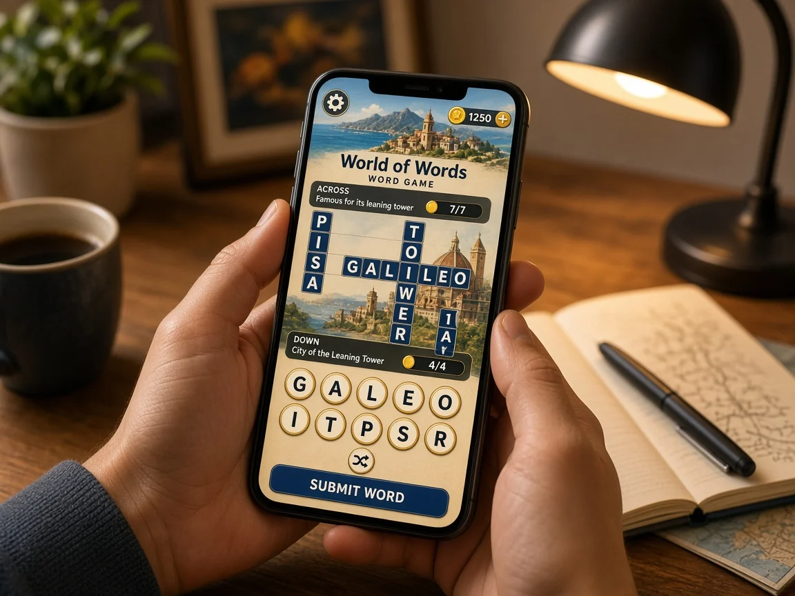 Smartphone gameplay of World of Words: Word Game on a desk