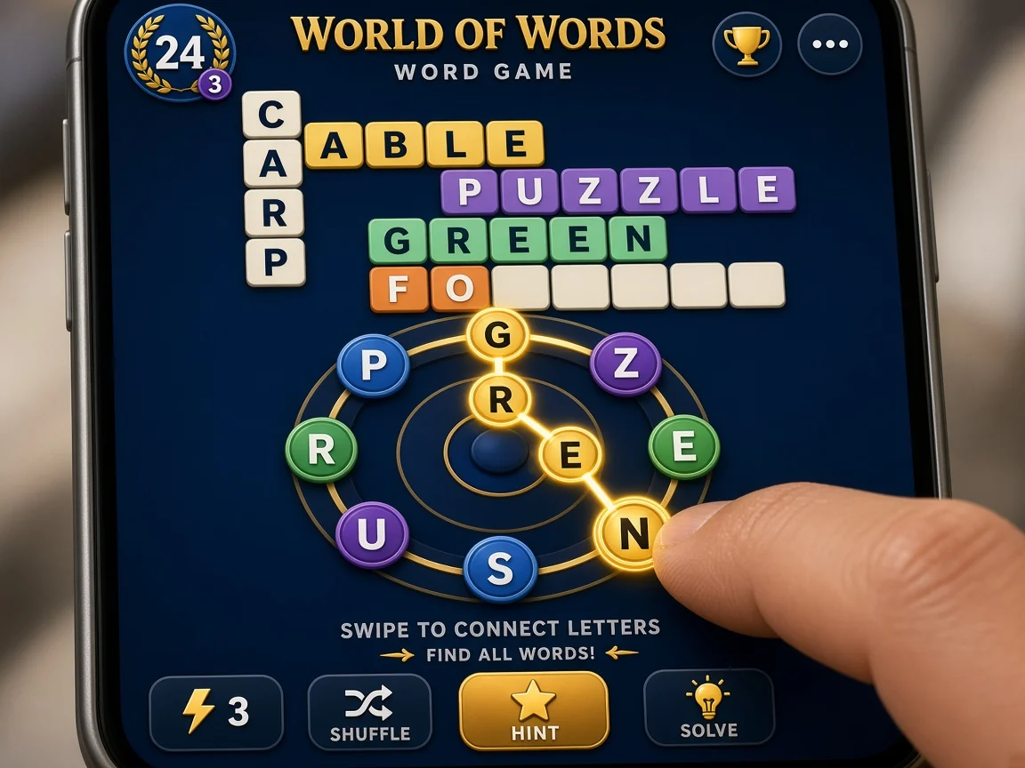Letter-connecting gameplay in World of Words: Word Game designed by Priya Shah