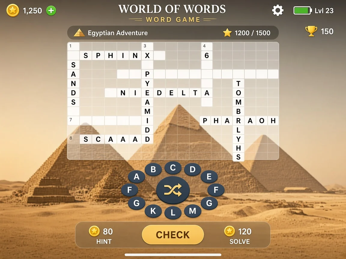 Crossword board gameplay in World of Words: Word Game