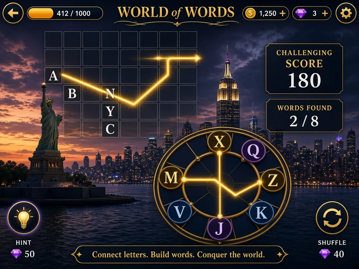 Challenging crossword gameplay in World of Words: Word Game