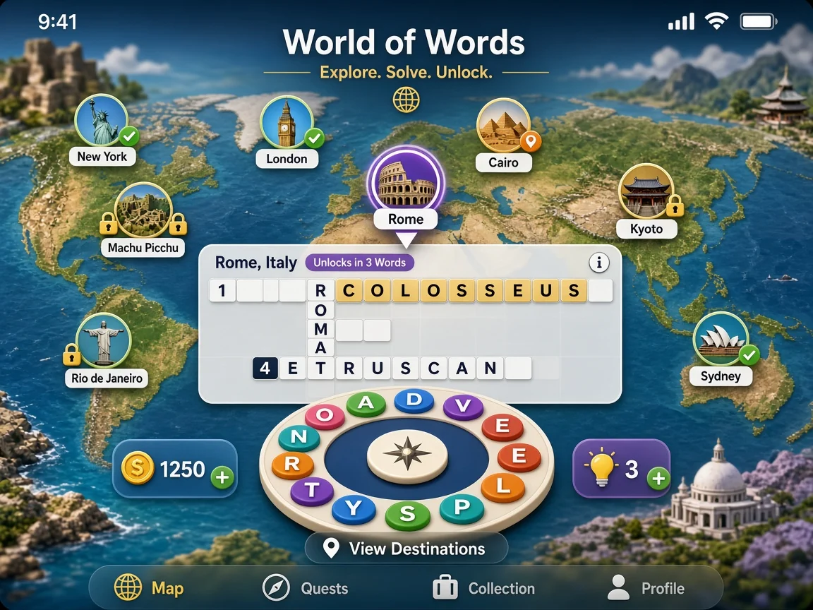 World map gameplay in World of Words: Word Game
