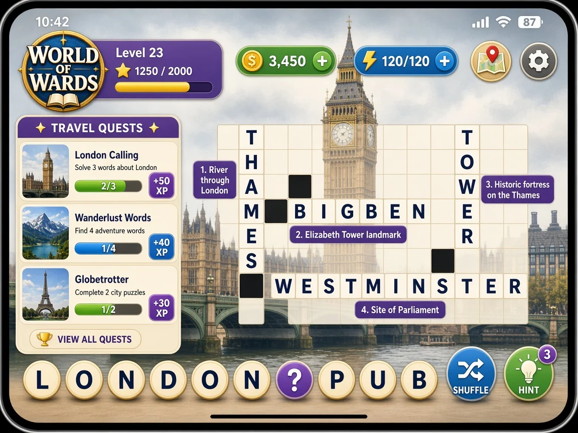Travel quest crossword gameplay in World of Words: Word Game