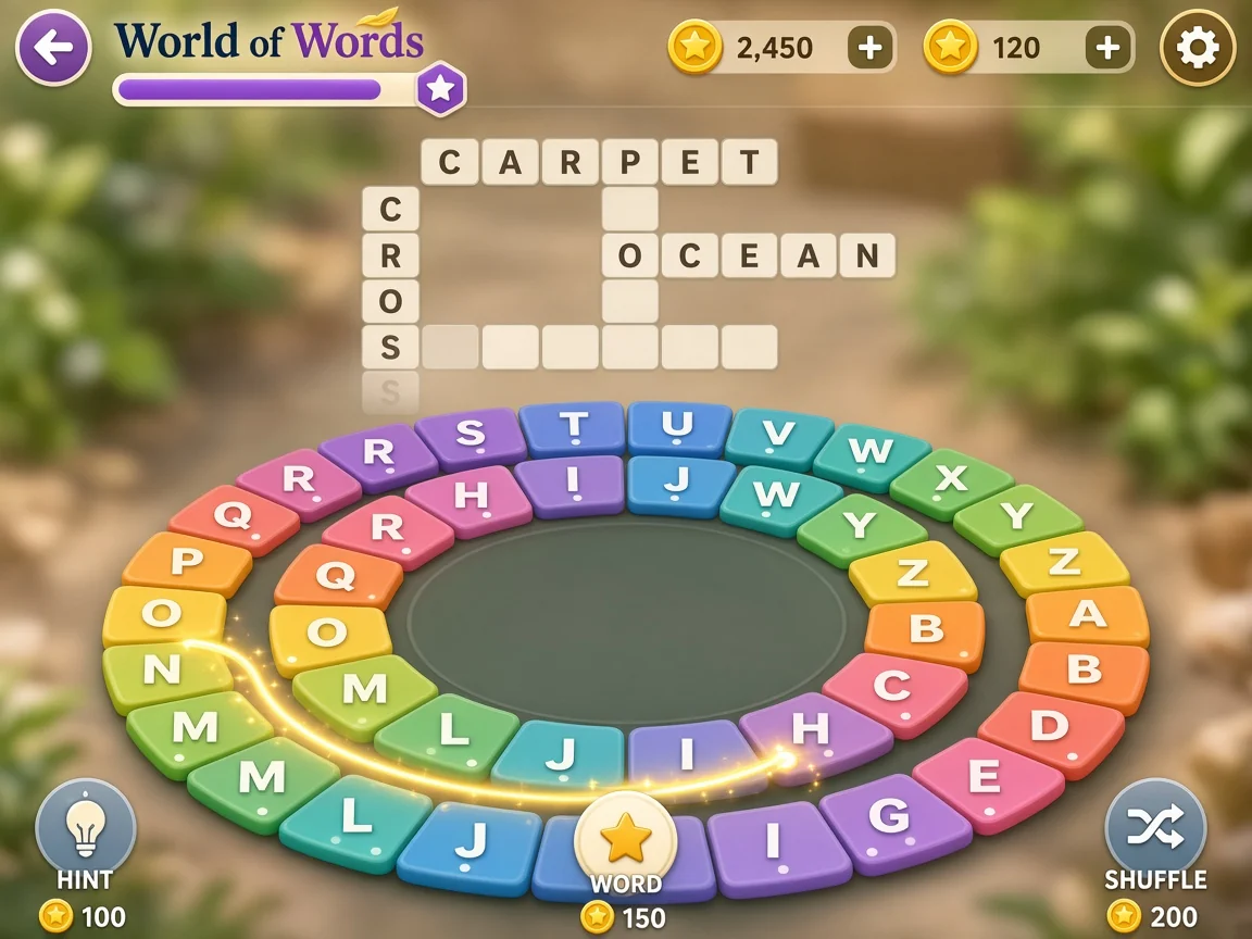 Letter wheel gameplay in World of Words: Word Game