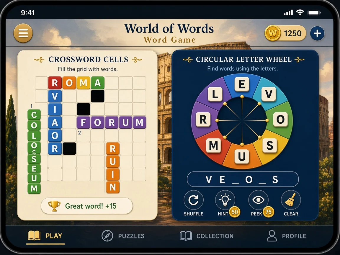 Crossword and letter-wheel gameplay in World of Words: Word Game