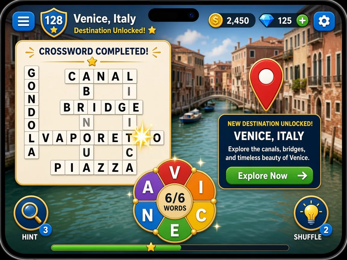 New destination unlock gameplay in World of Words: Word Game