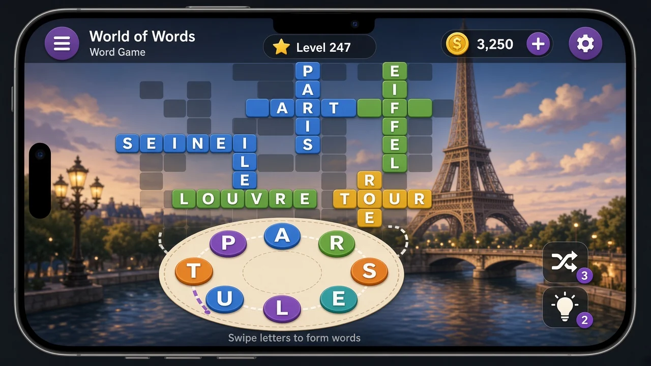 Mobile gameplay of World of Words: Word Game with a crossword board and letter wheel over Paris